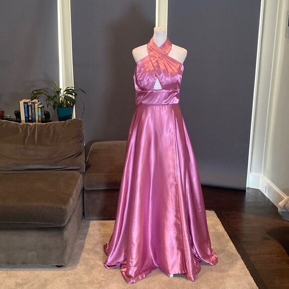 Women’s Pink Cross Halter Neck Full Length Satin Prom Party Dress Corset Size 10 - Picture 1 of 13